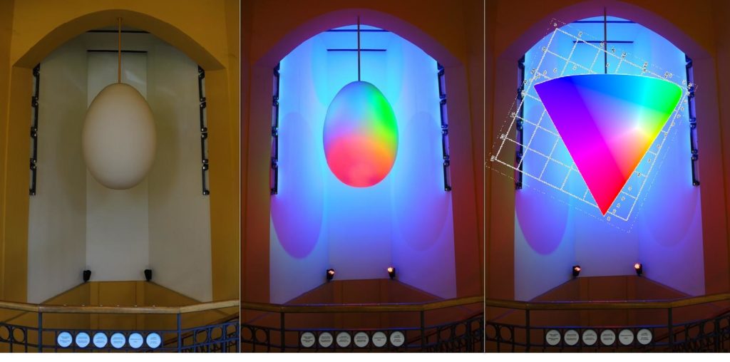 A tojásforma világítás nélkül (balra); az RGB elsődleges és másodlagos színek megjelenítése (középen); CIE 1976 színtér montázsa