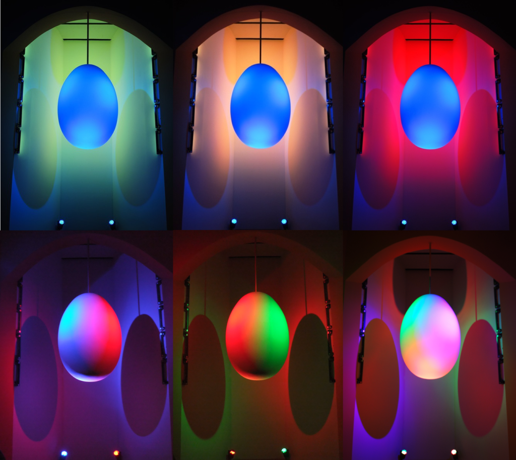 A felső sorban a kék szín jellegzetes színkontrasztjai, balról jobbra: 60°, 120°, 180° Alul balról haladva: additívan kevert bíbor és sárga szín, valamint egy színhármashangzat